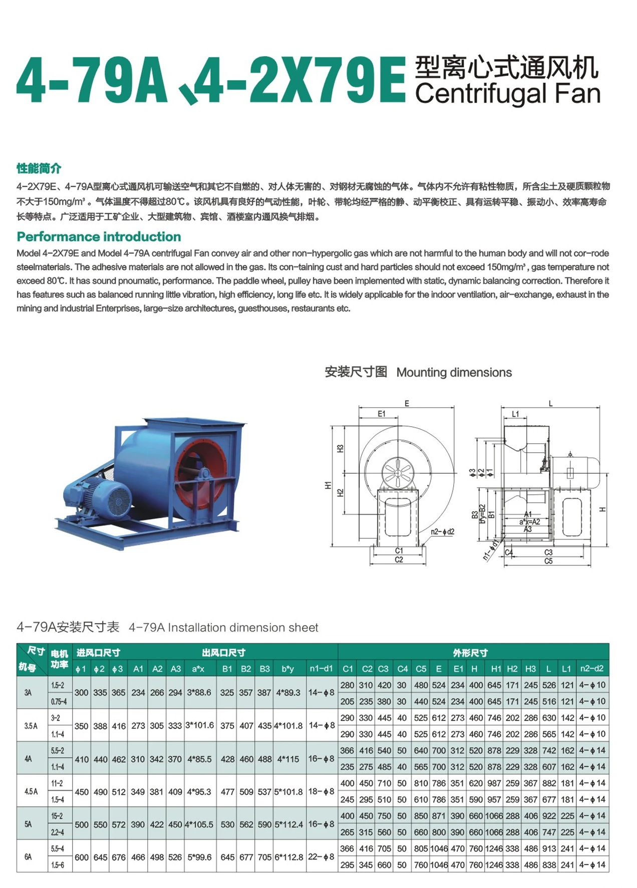 Large air volume industrial 4-79A/4-2X79E centrifugal fan with low sound