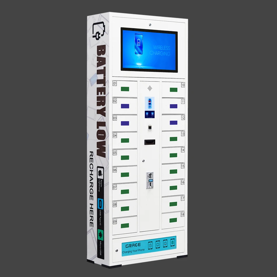 
Floor standing metal locker cell phone charging station with 18 bay in white 