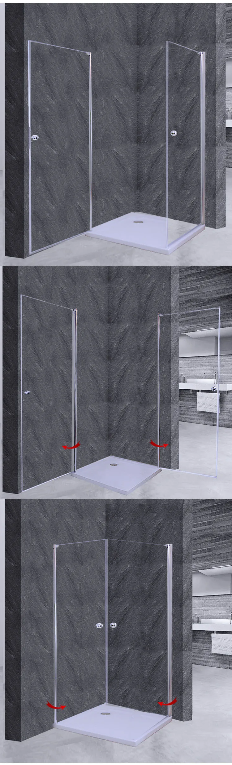 KEZE  180 degree pivot  adopts 2 sided  inward and outward open design  tempered glass corner shower enclosure rooms