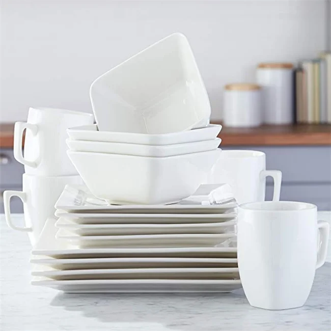 Ceramic Porcelain Formal Dinnerware Sets Service for 4, 16pcs Classic White Square Dinner Charger Plate Dessert Dish Bowl Mug factory