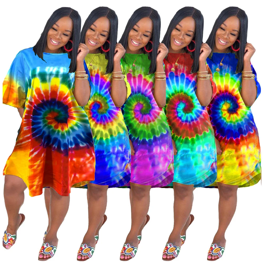 H1203 Plus Size Short sleeve Round collar tie dye printing Casual Women T shirt Dress