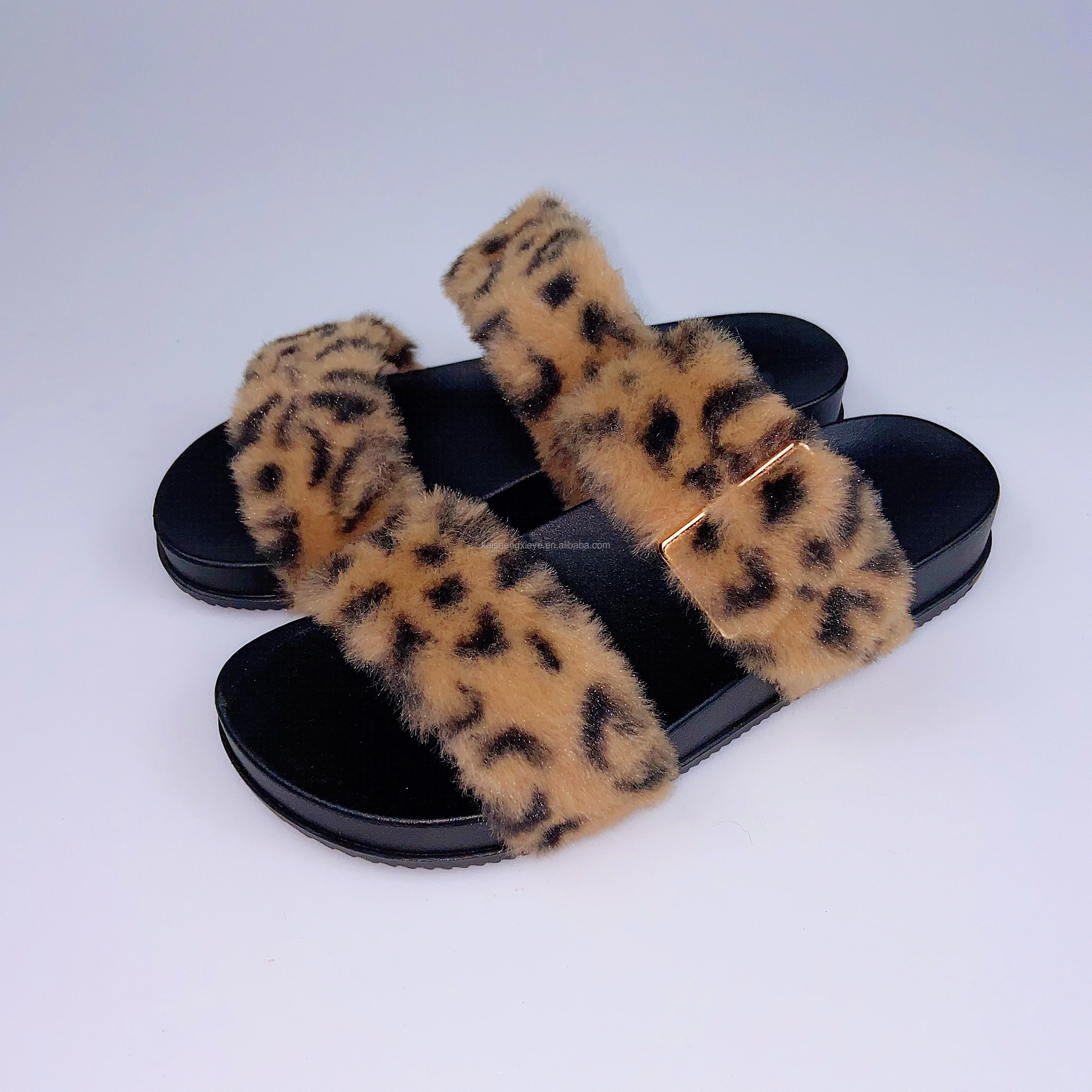 Women Comfy Slippers Open Toe Leopard Print Flats Winter Shoes Fluffy Indoor US