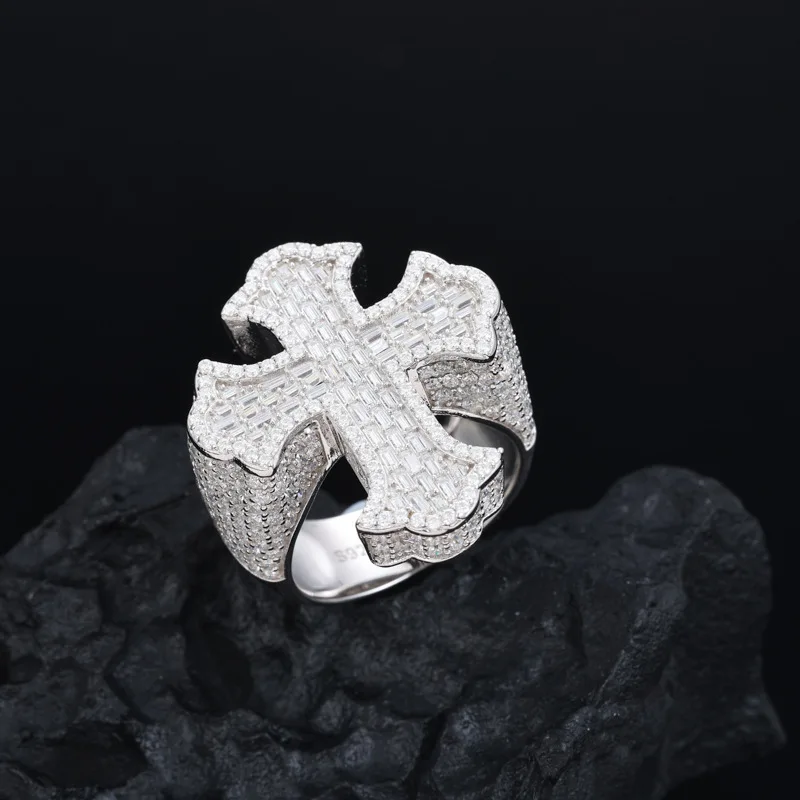 S925 Silver Moissanite Cross-Shape Ring for Men Super Flash T Square Diamond Cross-Border Hip Hop Style Ready to Wear