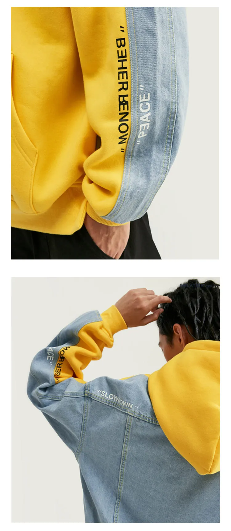 Hot sale New men's sweater fake two pieces of hip hop fashion brand cowboy stitching hooded pullover couple jacket.