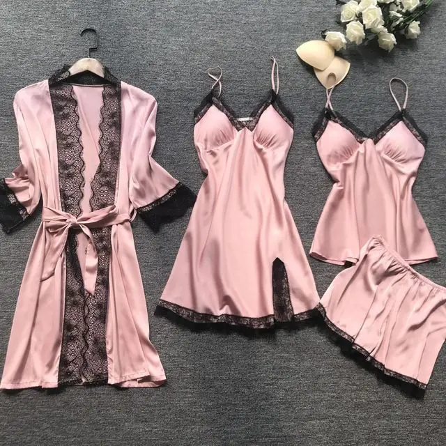
Wholesale Women Four Pieces Lace Sleepwear Elegant Silk Satin lace Pajamas Set 