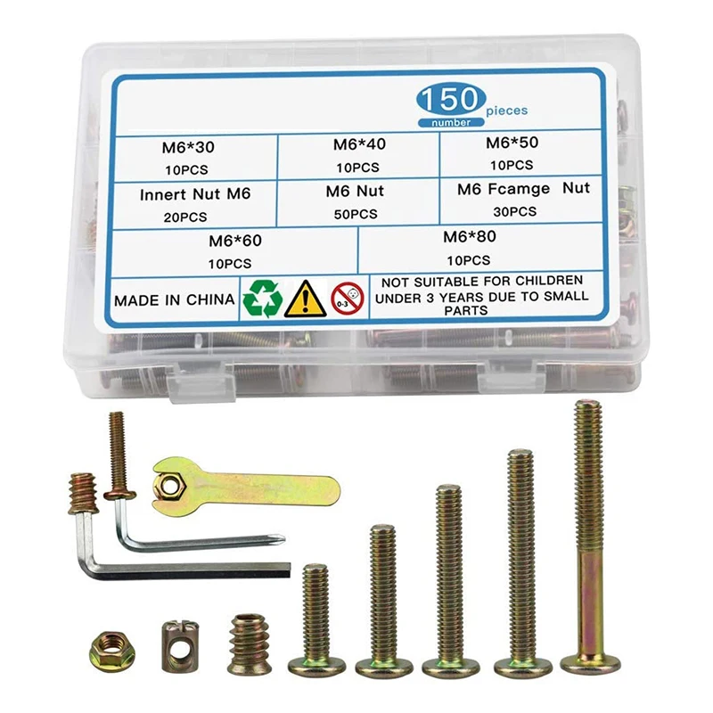 
150PCS M6 Hex Socket Head Cap Screws Nuts Zinc Plated Furniture Screws and Bolts Assortment Kit 
