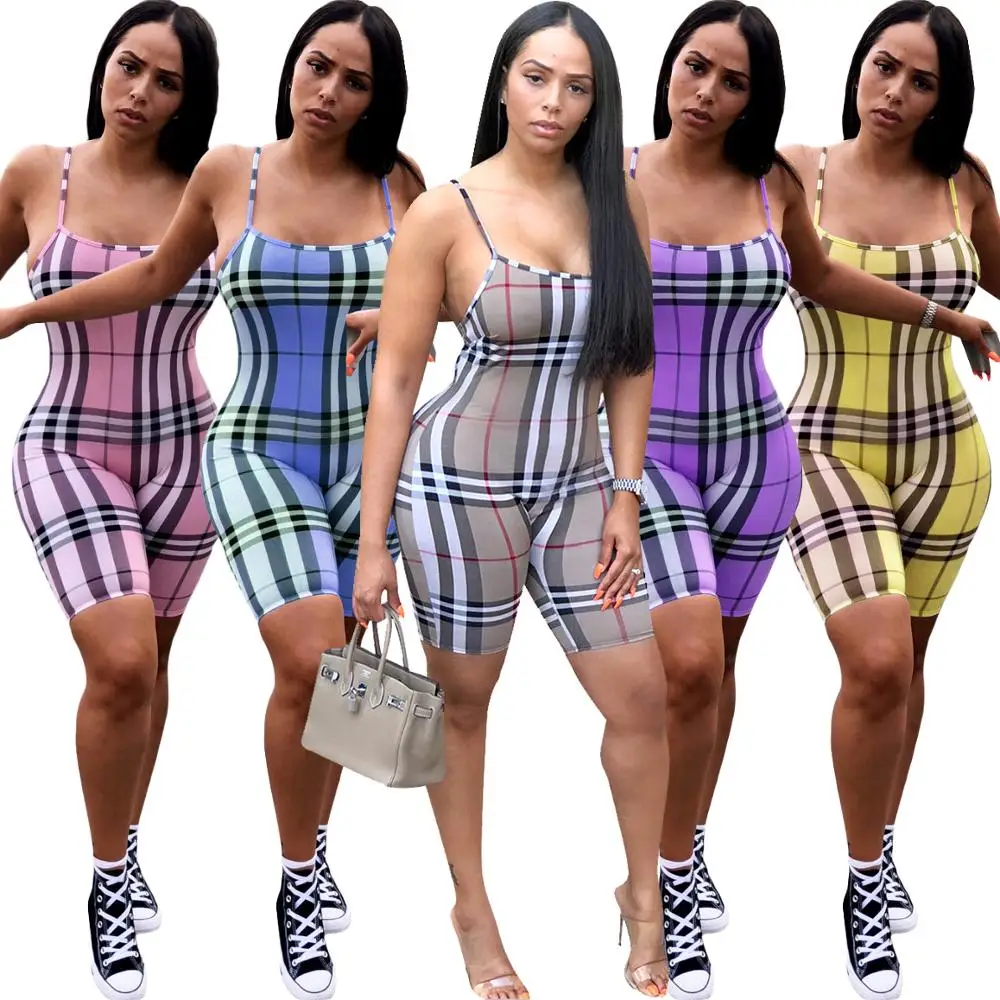 ILS024 2019 New summer women plaid casual suspenders one piece jumpsuit