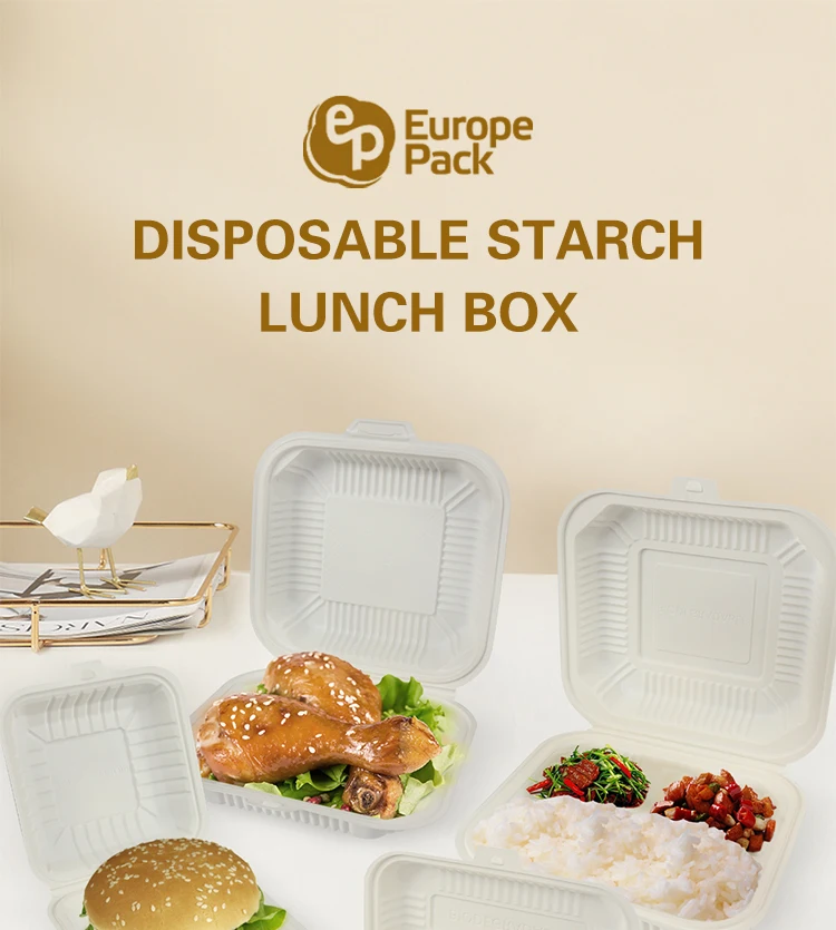Microwave disposable lunch box corn strach fast food clamshell box 3 compartments fully biodegradable food container