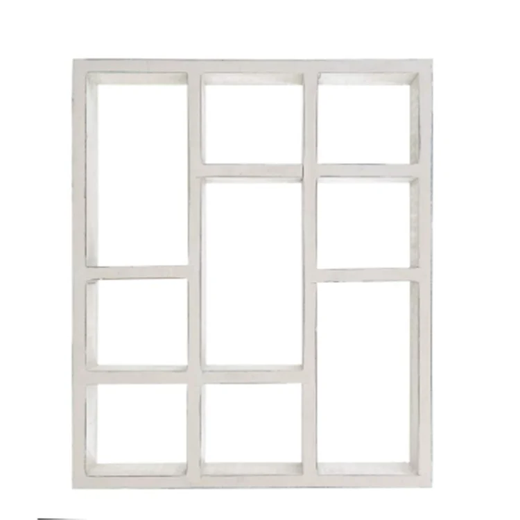 Vintage White Wood Mounted 9 Compartment Curio Wooden Grid Wall Shelves