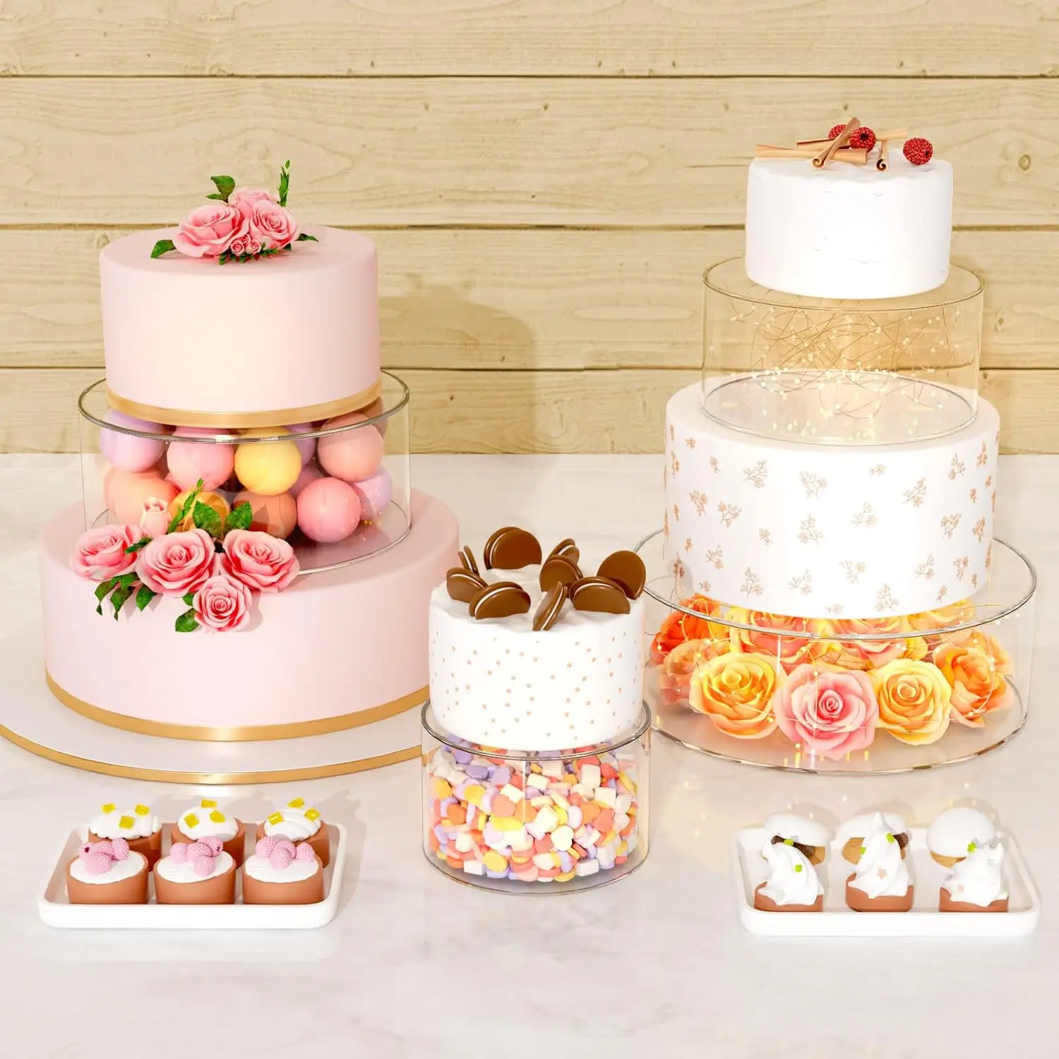 Clear Fillable Cake Plinth Stand Riser 3 Tier Cylinder Box Round