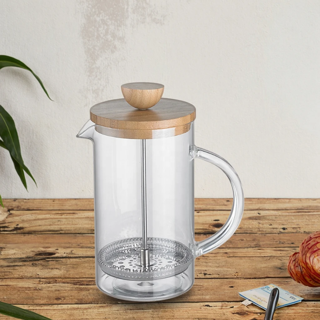 Clear Bamboo Wood Lid French Press Coffee Espresso Tea Maker