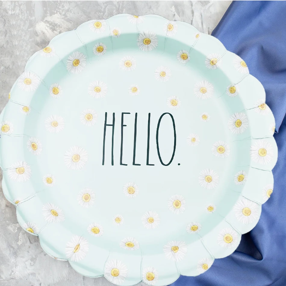 LR 10.5Inch Sky Blue Daisy Flower Printed Disposable Dinner Paper Plates 16PCS Made China Wedding Valentine's Day Party factory