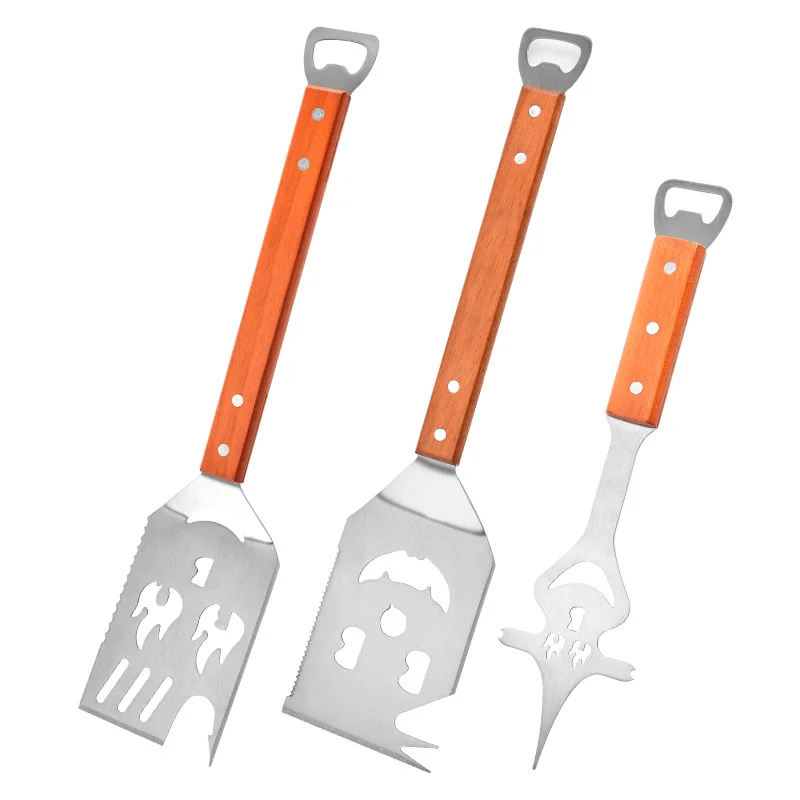 Multifunctional Stainless Steel BBQ Tool Set Outdoor BBQ Wooden Handle Fork Spatula Combination Set details