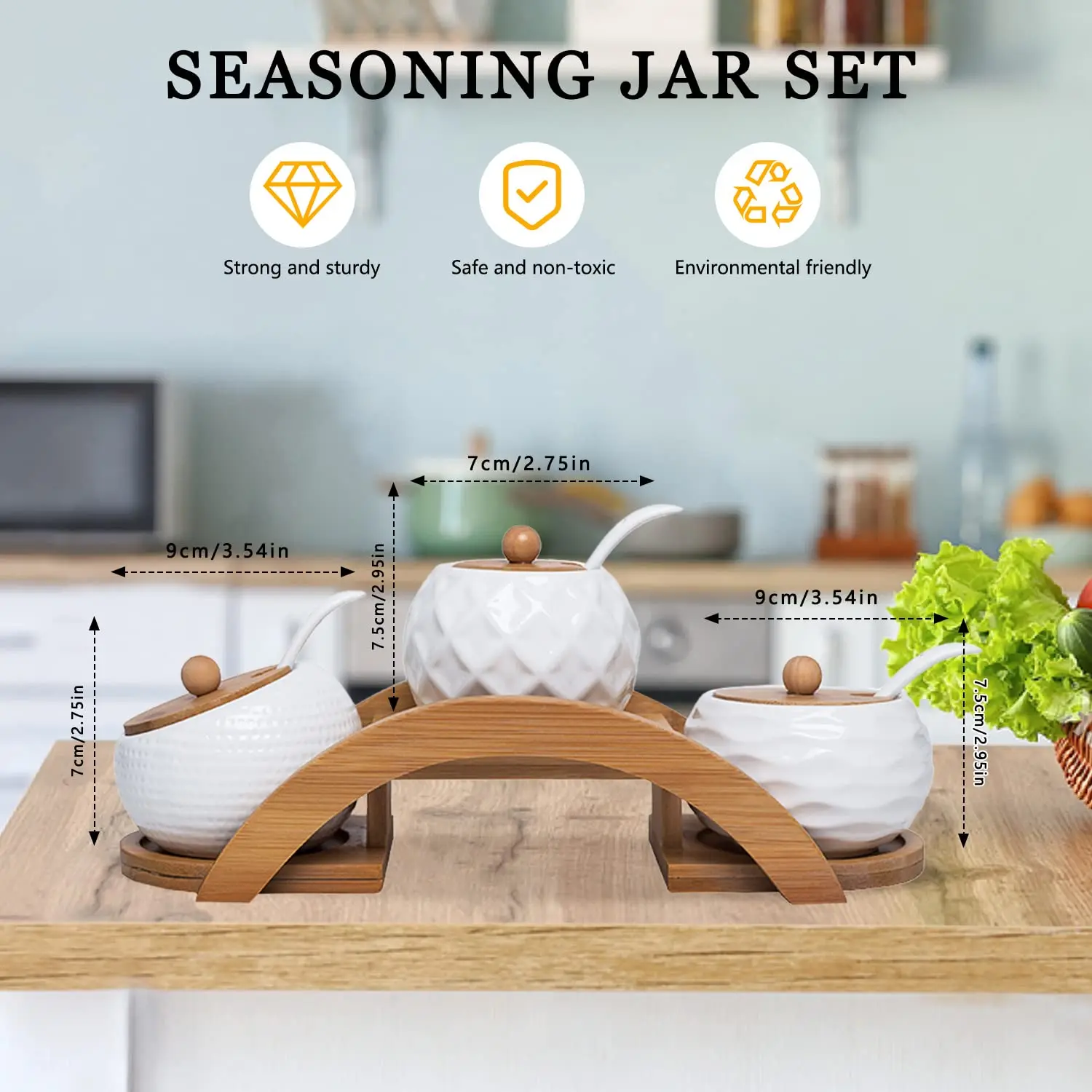 3 White 170ml 5.8 Oz Seasoning Spice Jar Tray Ceramic Serving Spoon Set Tableware With Bamboo Lid factory