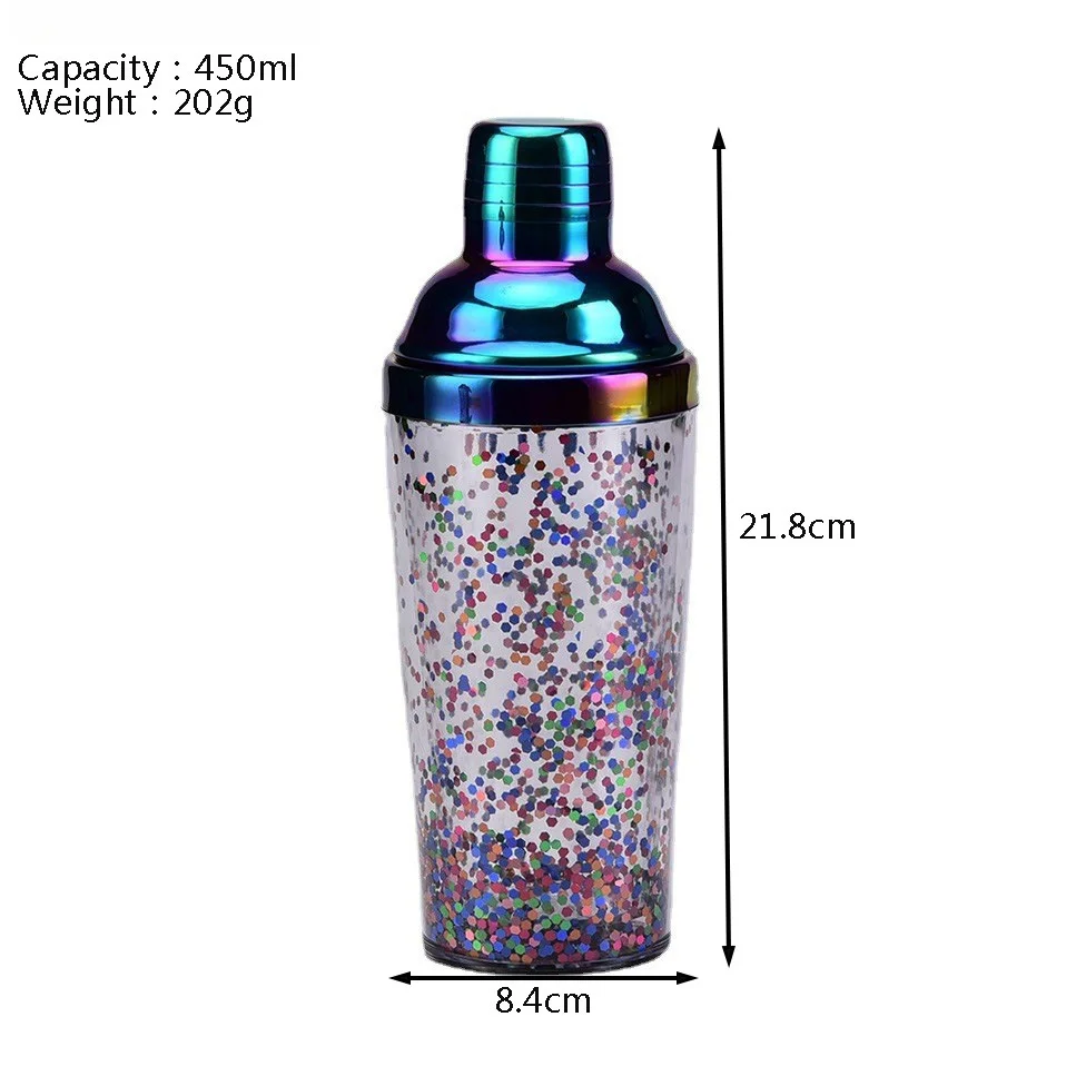 product creative fashion dual layer plastic stainless steel 450ml reusable durable cocktail shaker sparkle glitter wine boston shaker-6