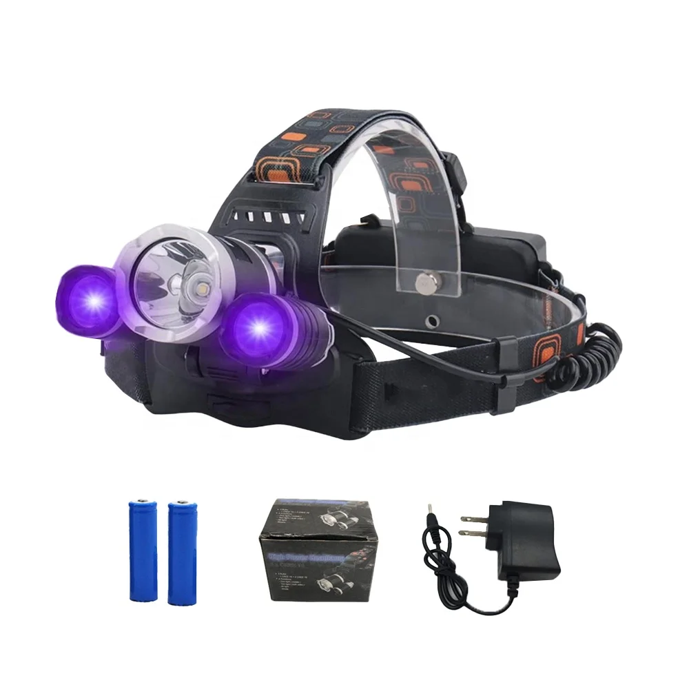 LED black light Headlamp Portable Dual LEDs Zoom White , UV purple Light Headlamp Blacklight rechargeable headlamp