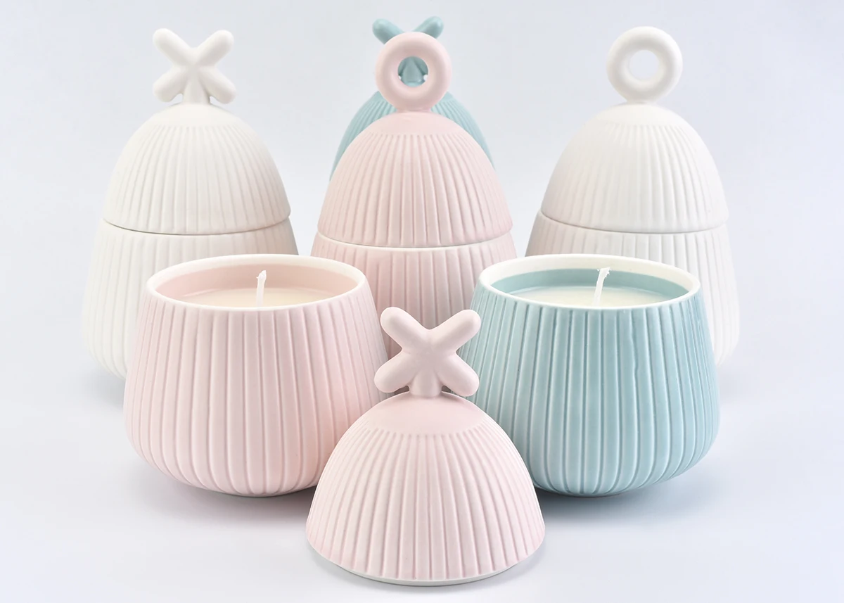 Matte White Stripes Ceramic Candle Holder with Lid Home Decoration Pieces