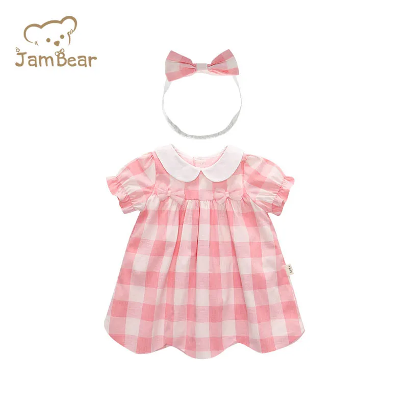 JamBear Baby Dresses 100% Organic Cotton Pink For Girls Checked Dress Infants Skirt Baby Summer Dress