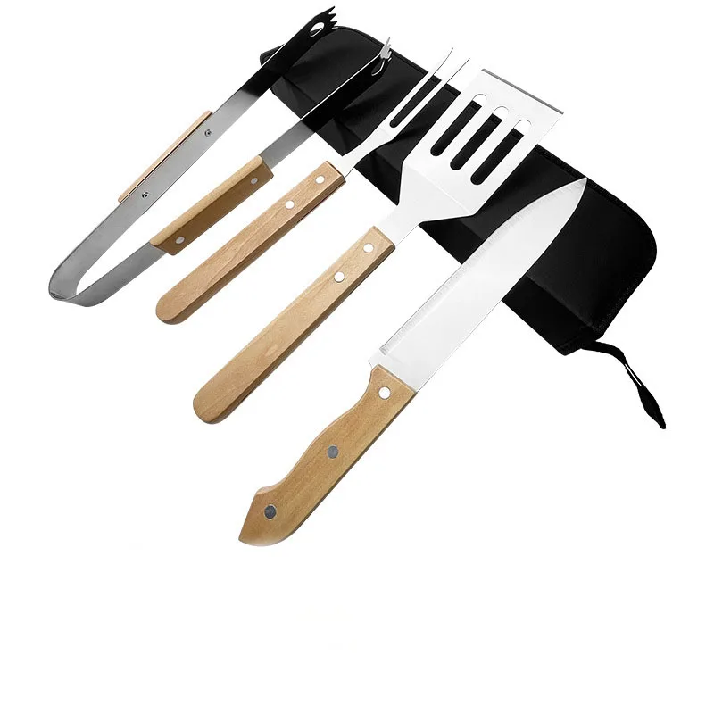 Wholesale Customized Outdoor BBQ grill set charcoal grilling home use includes tongs wooden-handled kitchen knife spatula fork supplier