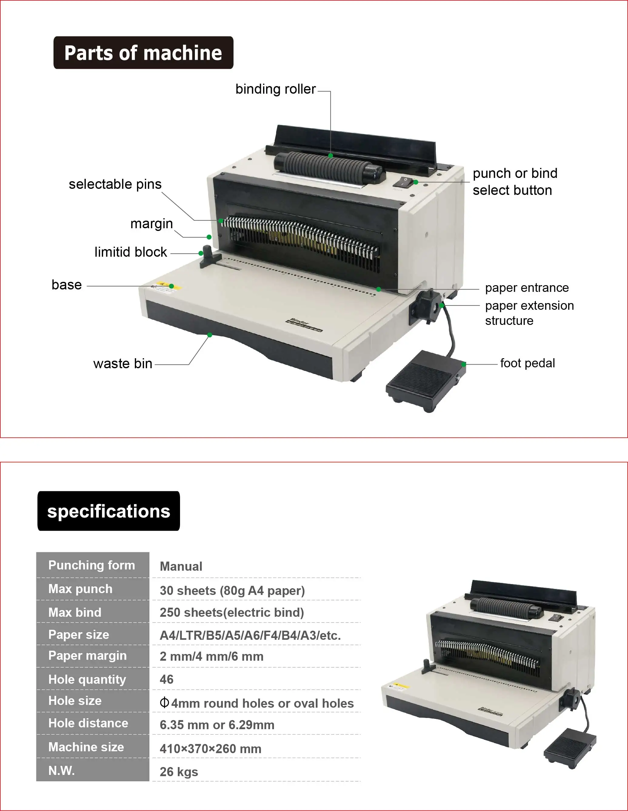 TONGRO MC-8706  A3  coil binding machine Plastic spiral coil book binding machine 46 holes coil binder metal spiral wire bind