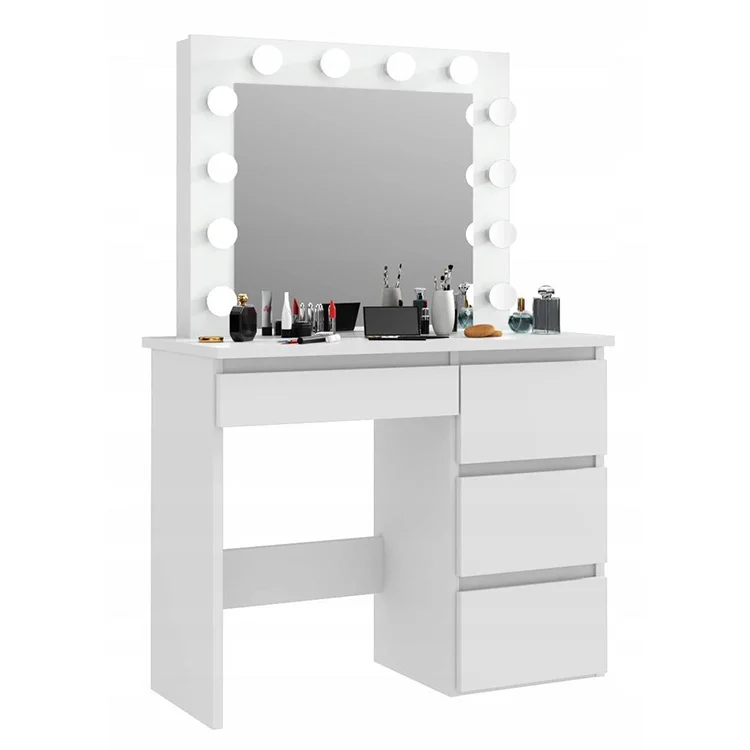 White Color 4 Drawers Makeup Vanity Table With Lighted Mirror And Stool