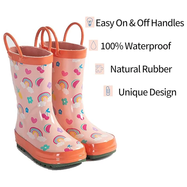 Cute Fun Patterns Kids Rain Boots Pink Toddler Rain Boots With Handles