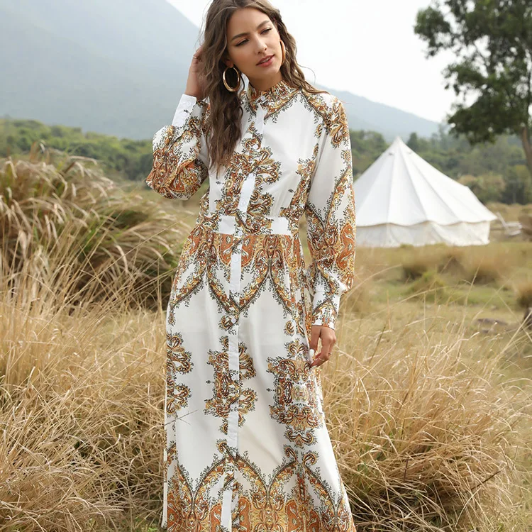 英格兰风格长袖碎花印花定制单排扣休闲连衣裙