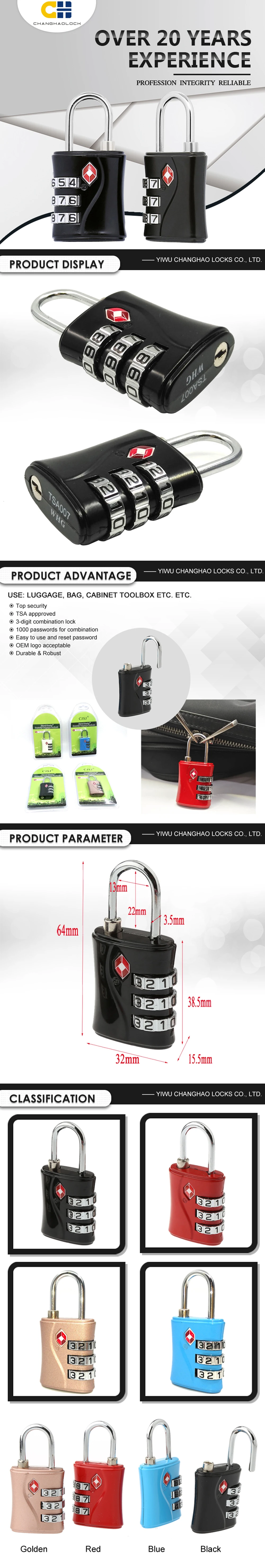 Tsa554 Factory Produce 3 Digits Luggage Padlock Tsa Combination Lock