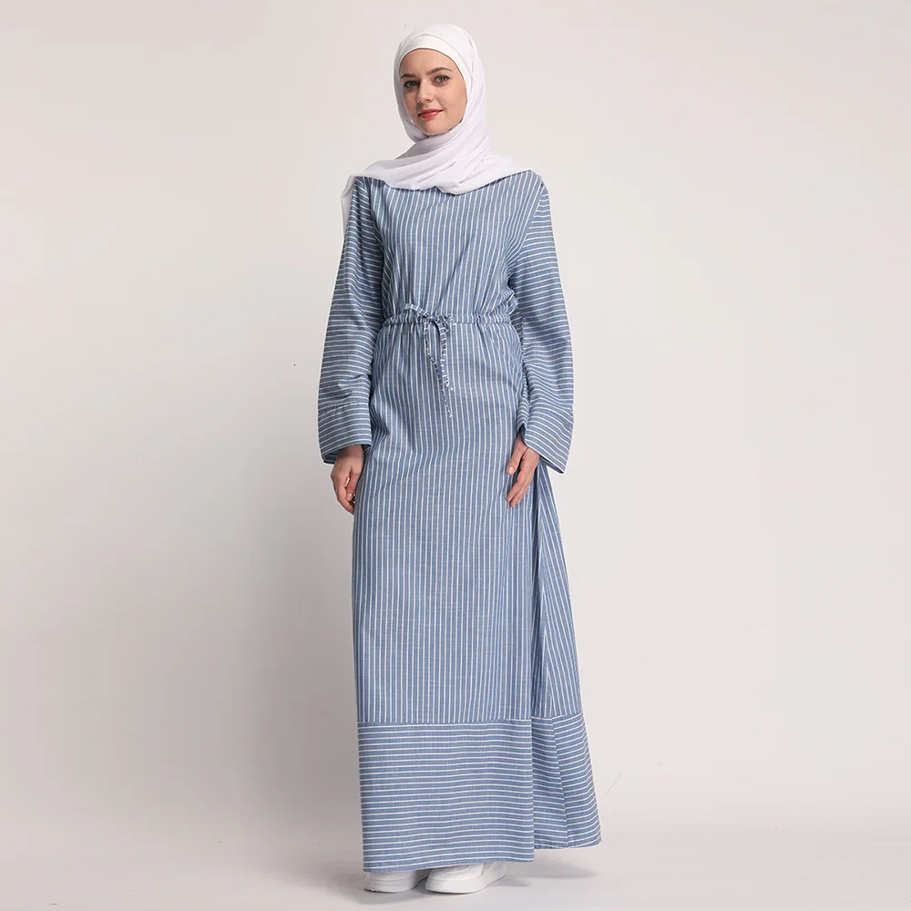 Women Muslim Dresses Islamic Clothing Striped Slim Waist Belt Cotton ...