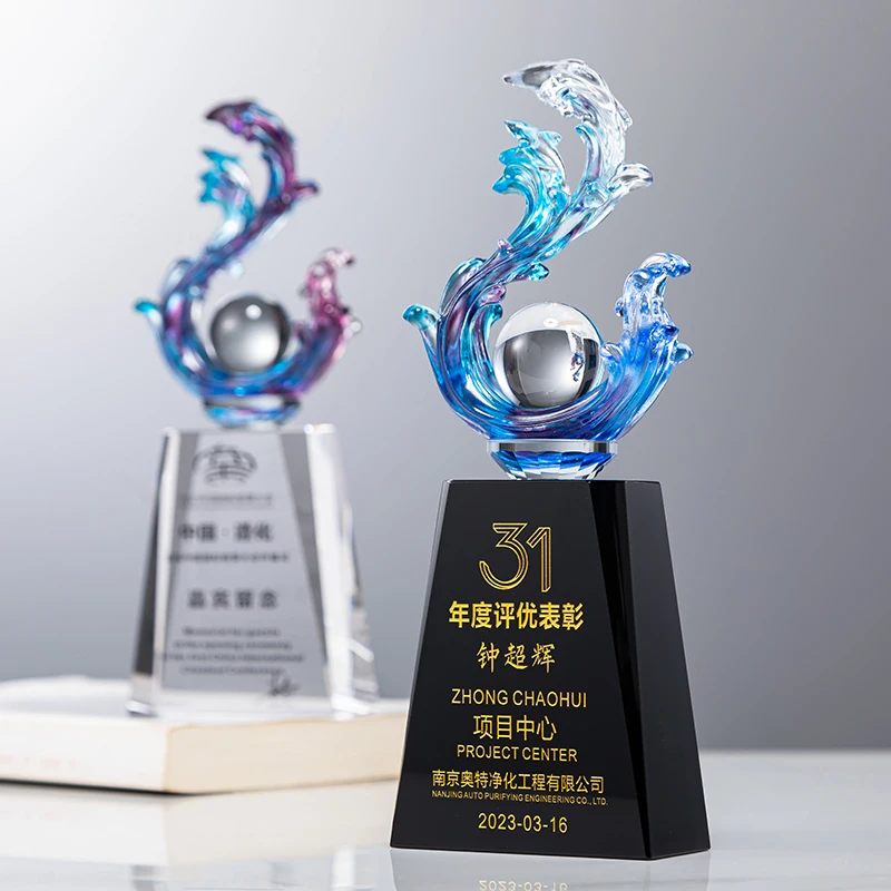 2024 High Quality Water Wave shape Trophy Crystal Glass ball Trophy  business sport events souvenirs trophy factory