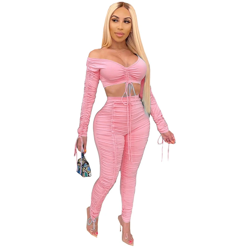 Women's Casual Bra Crop Top Thread Adjust With Ruched Pants Bodycon Two Piece Sets Outfits Two Piece Pants Sets