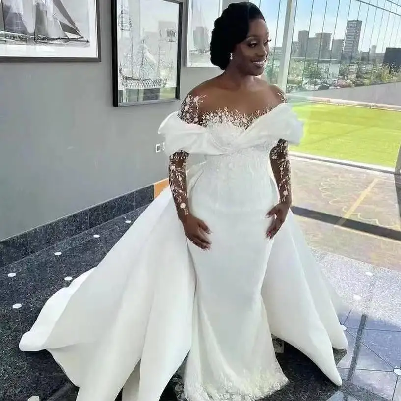 off shoulder wedding dresses for maids Mermaid Lace Top Off-the-Shoulder Long Sleeves Bridesmaid Dresses, MBD182