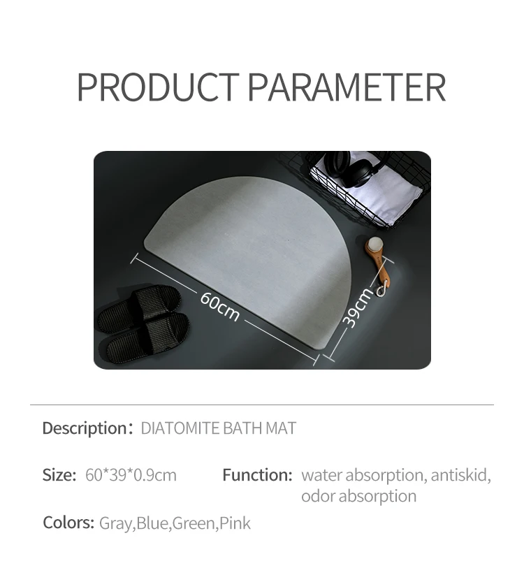 Popular semicircle diatomite bath mat with anti-slip mat