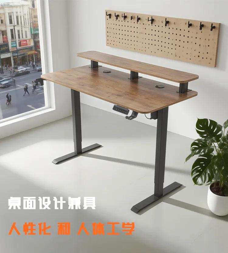 product modern double layer electric lift computer desk adjustable home office study  gaming workbench with iron metal panel wood style-7