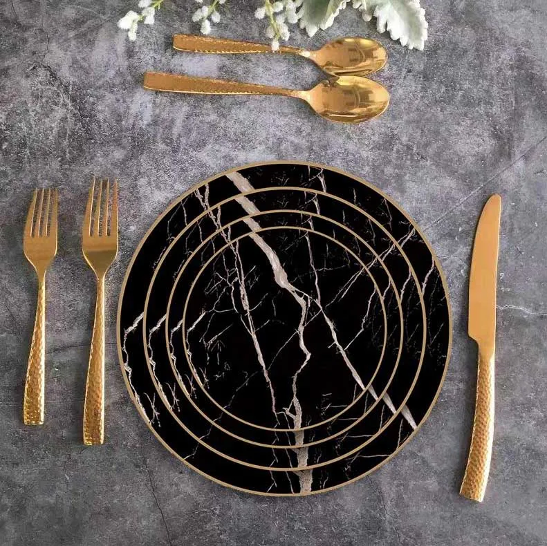 Nordic Light Luxury Wedding Black Marble Plates Ceramic Dinner Sets With Gold Rimmed Buy