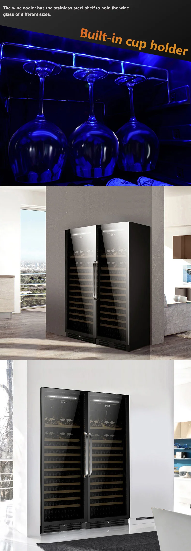 SICAO twin intelligent 2 zones 220v 240v display 2 doors 300 bottles dual zone chiller oem large wine fridge walk in wine led