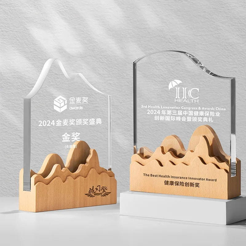 Wholesale  Crystal With Wooden Base Trophy Award Custom Clear Glass Wooden Plaque Awards manufacture