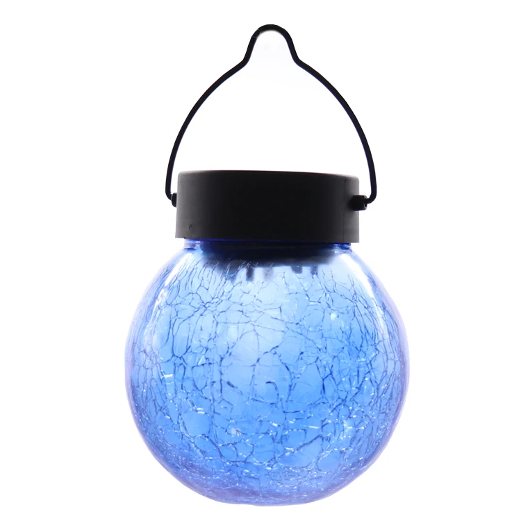 Solar Warm White LED Round Blue Crackle Glass Ball Hanging Jar Light