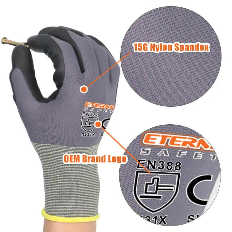 15G nylon cheap work wholesale black oil resistant hand safe palm coating nitrile gloves <span style=
