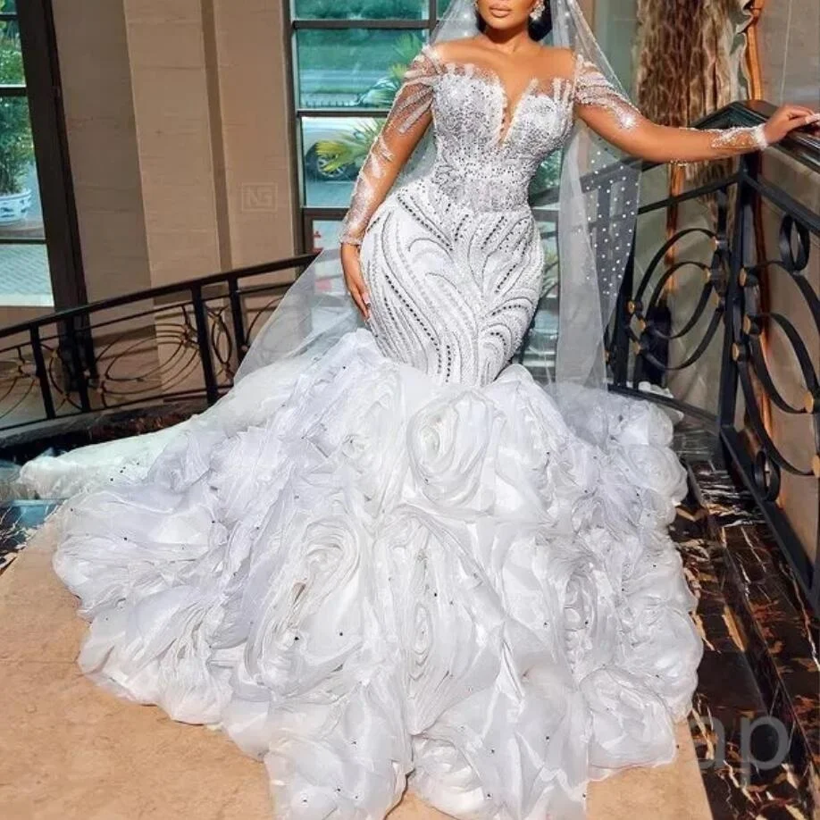 Wholesale mermaid wedding dresses with detachable kirt luxurious lace beaded wedding dresses Long leeve 2 in 1 Fish Tail dress,2 Pieces