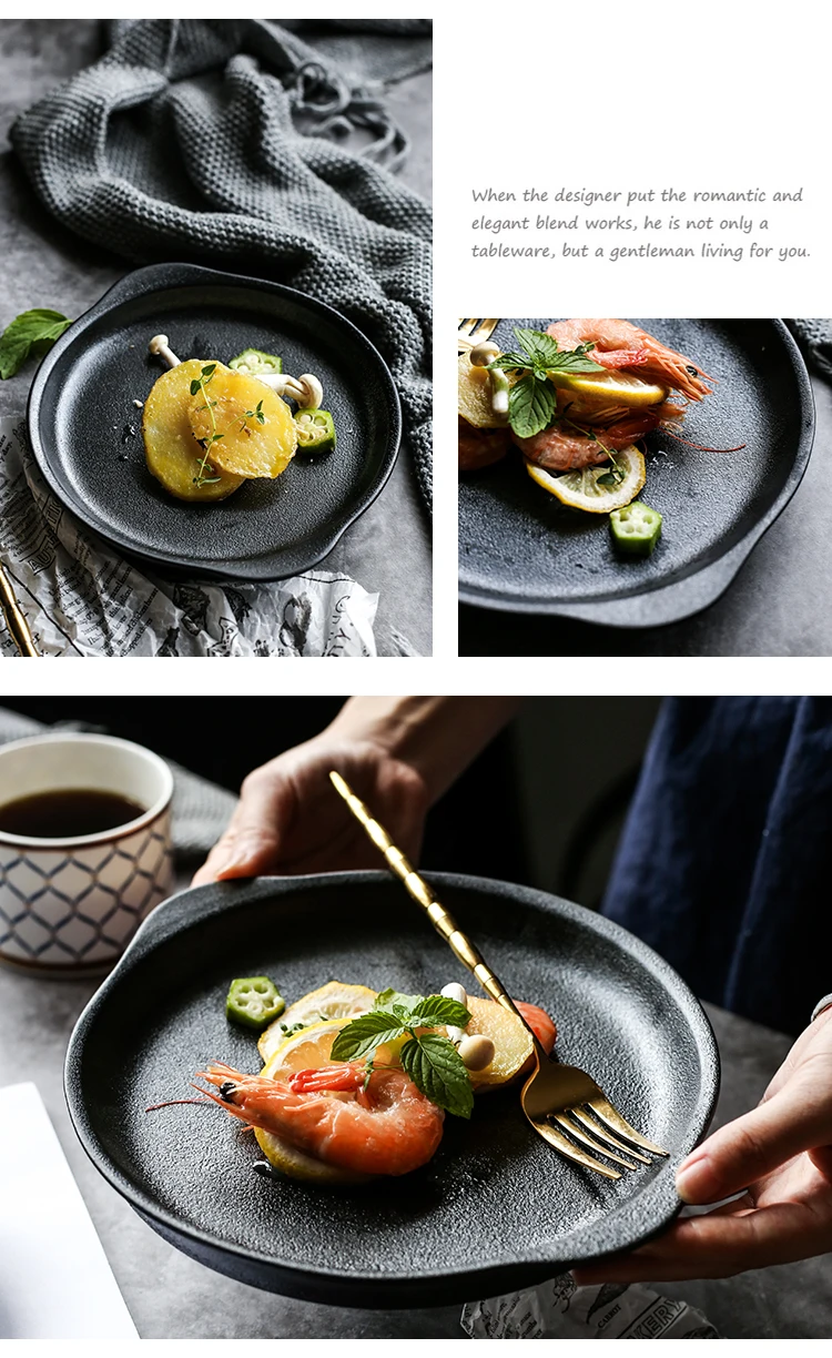 Porcelain Black Restaurant Tray Ceramic Breakable Plates With 2 Handle