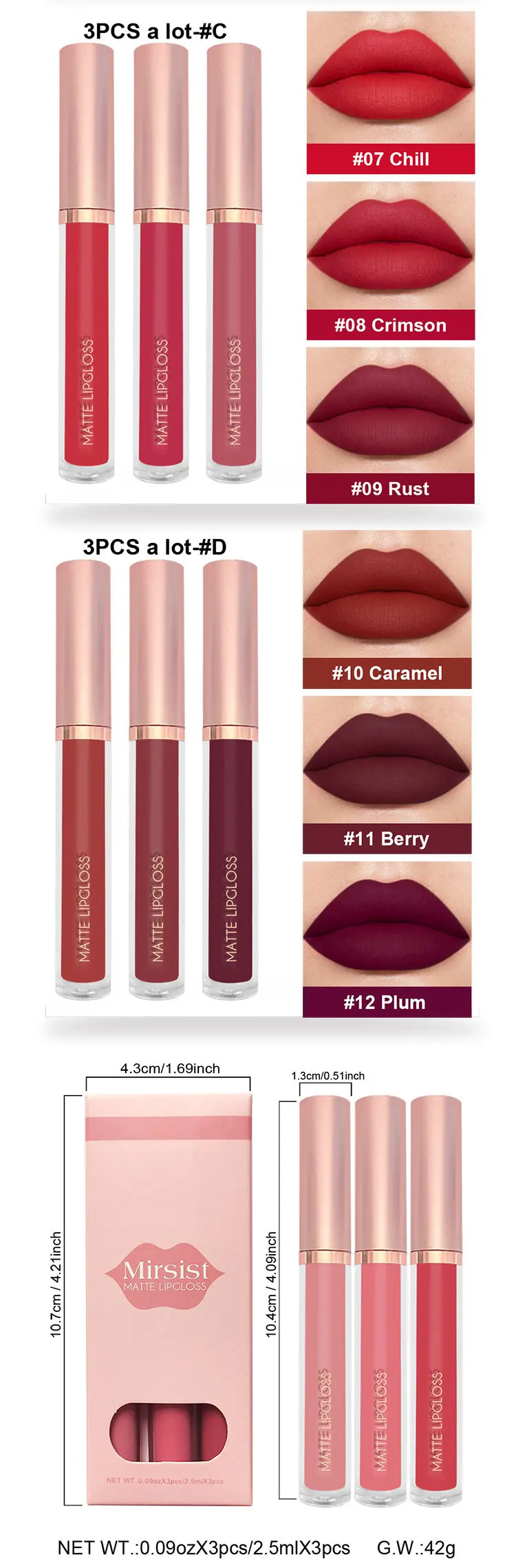 3 Pack Matte Lip Gloss Lip Glaze Set