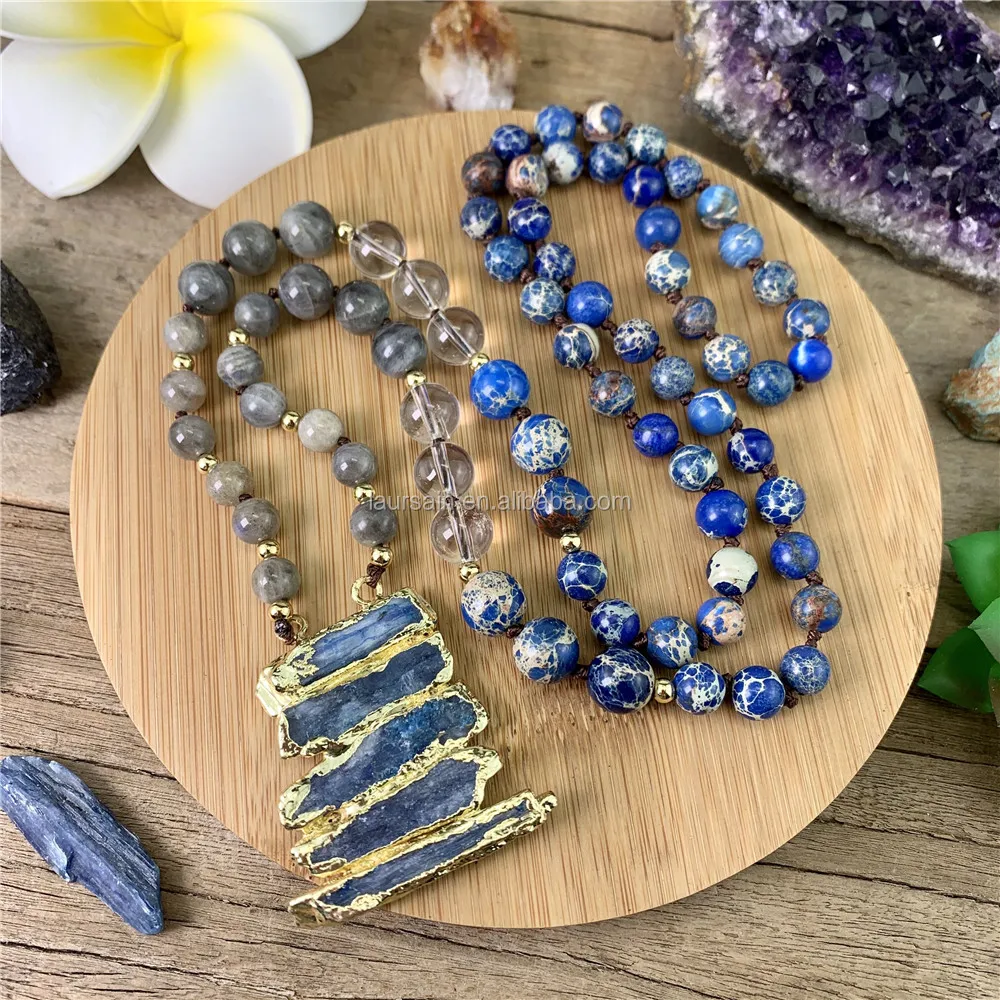 108 beads mala necklace, Kyanite mala necklace, knotted necklace popular