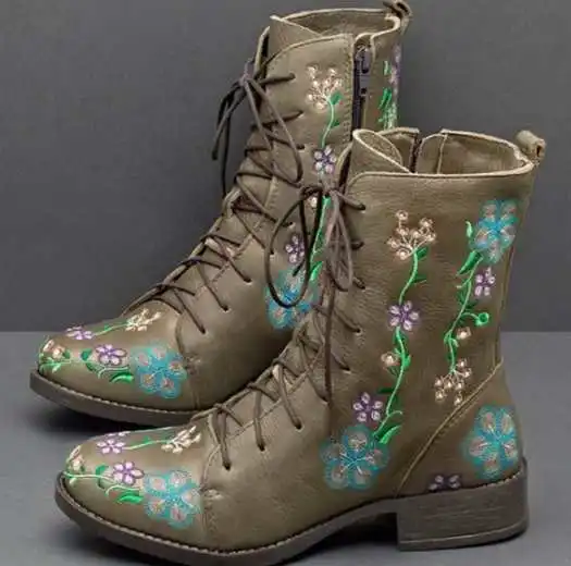 Latest Stylish Designer Customized  Leather Floral Embroidered Chunky Heel Ankle Ladies Boots  ankle boots designer boots