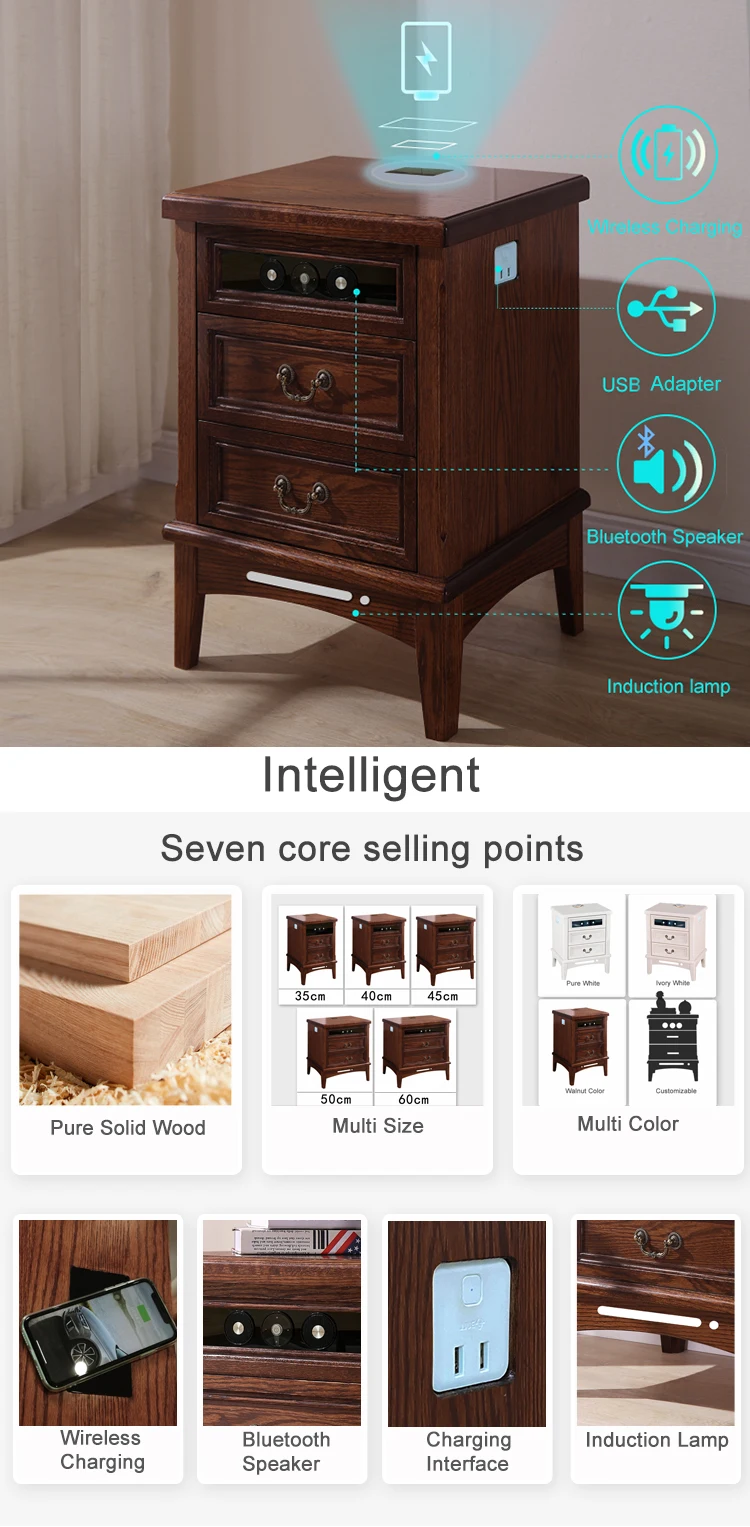 Oak Bedroom Furniture Modern Design Smart Nightstand Bed side Table with USB Charging Wireless