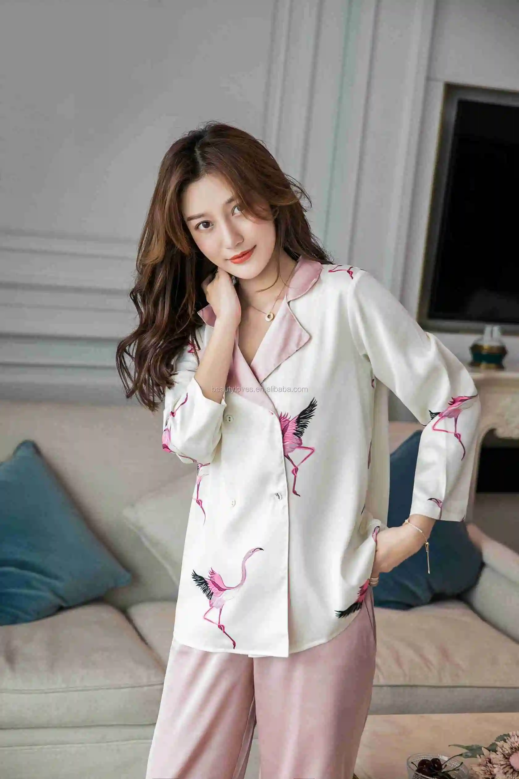 长袖女装印花丝绸睡衣绸缎套装 - buy 女士印花真丝睡衣套装,长袖女装