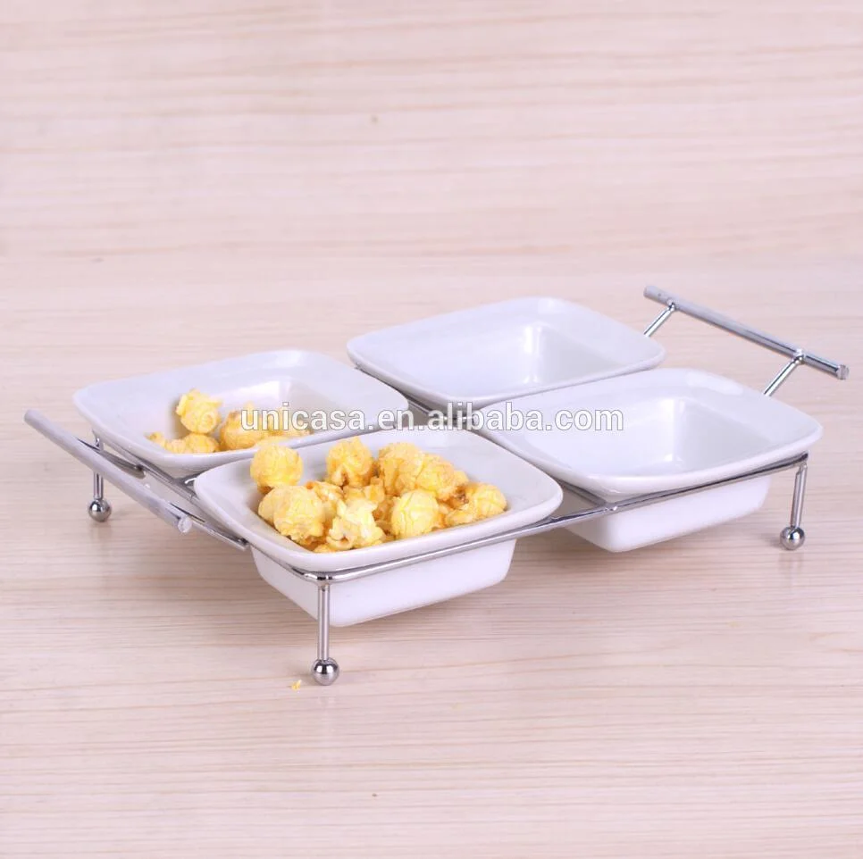 Unicasa 4 Bowl Condiment Dish Rack Set White Porcelain Ceramic