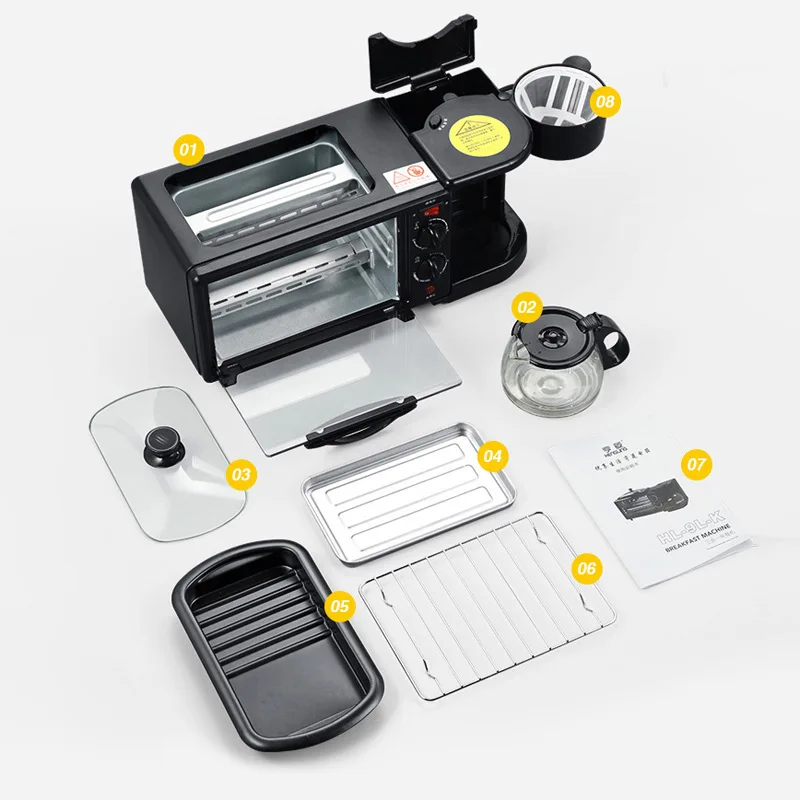 3 In 1 Breakfast Sandwich Maker 600ml Coffee Cup Frying Pan 9l Toaster Oven Multifunction