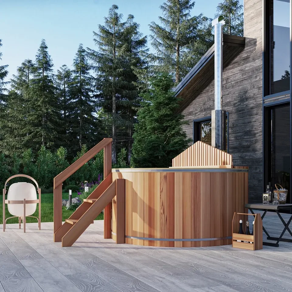 Western Red Cedar Wooden Hot Tub Outdoor Spa Bathtub With External Wood