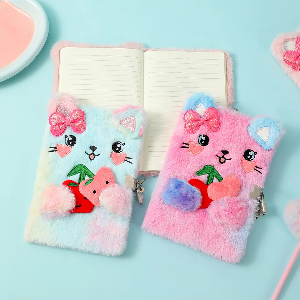 Little Girl Cartoon Cat Diary A5 Lockable Fluffy Notebook Gift Dairy ...